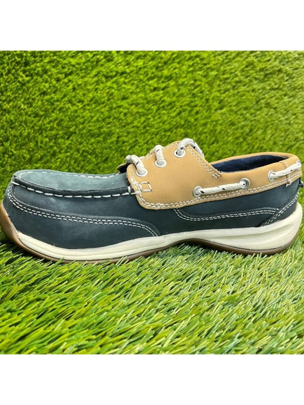 Rockport Sailing Club Womens Size 7 Green Tan Leather Steel Toe Safety Work Shoe
